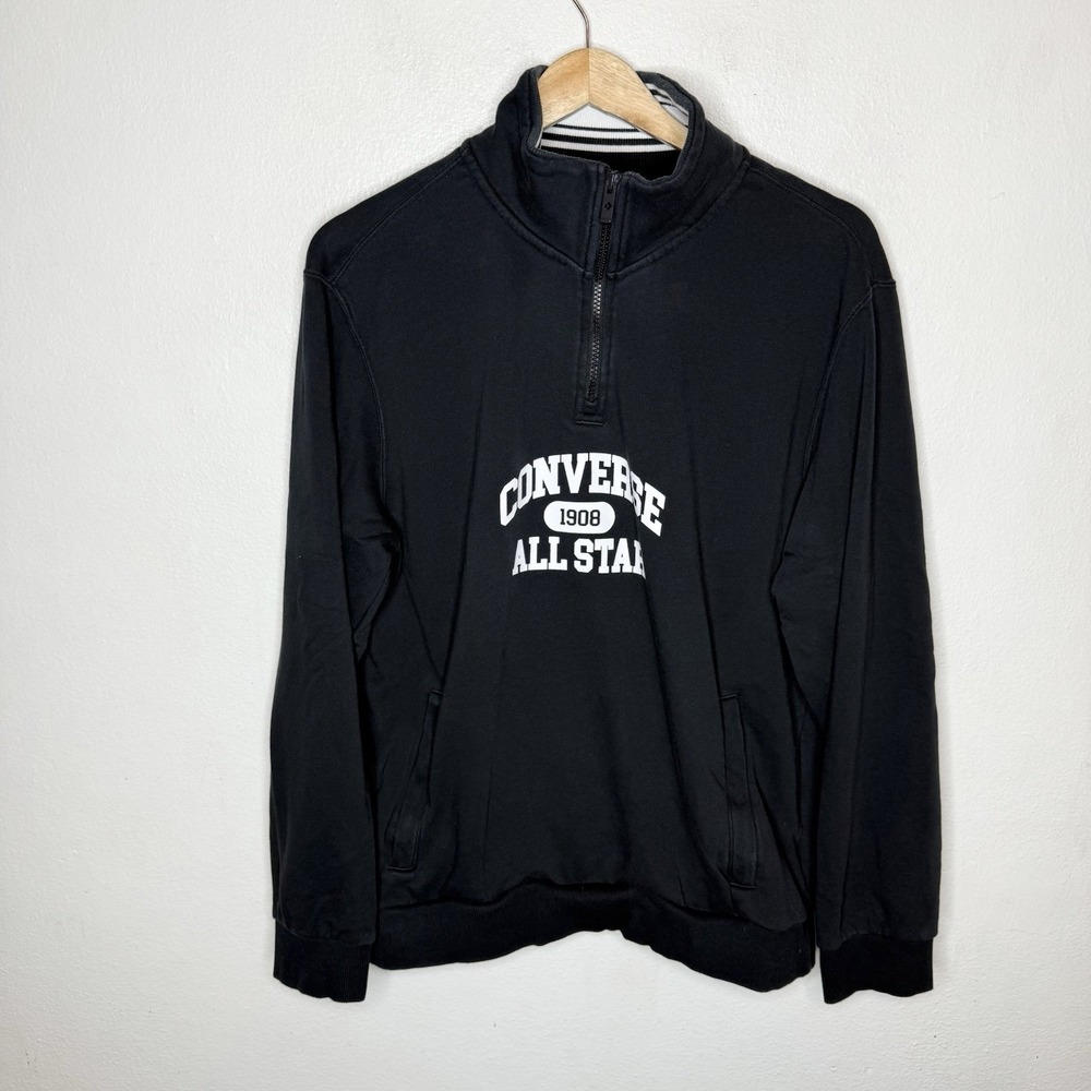 Converse Retro Quarter Zip Pullover Mock Neck Sweatshirt Black White Mens Large